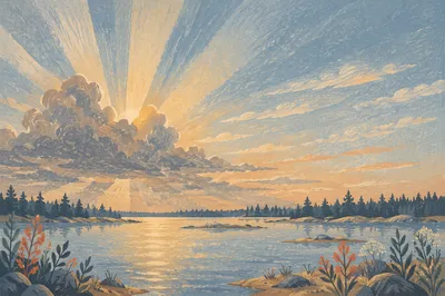 Sun Rays Breaking Through Lakeside Clouds