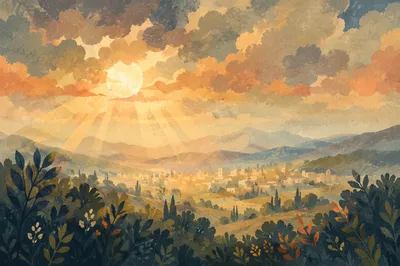 Sun Rays Breaking Through Golden Clouds