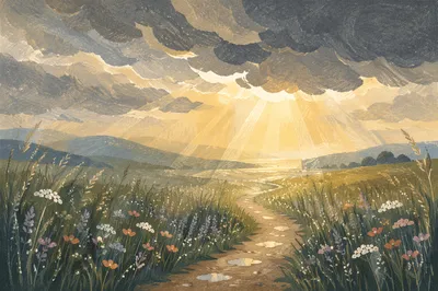 Sun Rays Over Stormy Meadow Path
