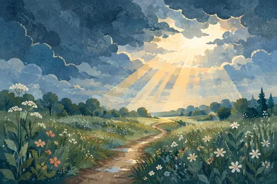 Sun Rays Over Rainy Wildflower Meadow