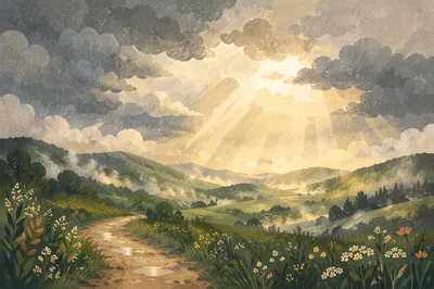 Sun Rays Breaking Over Rainy Valley