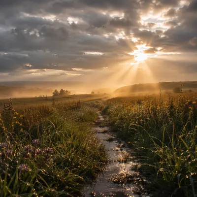 Sun Rays Over Stormy Meadow Path