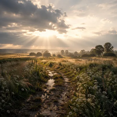 Sun Rays Over Rainwashed Meadow Path