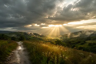 Golden Sun Rays Over Misty Green Valley