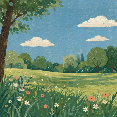 Sunny Park Meadow Under Blue Sky