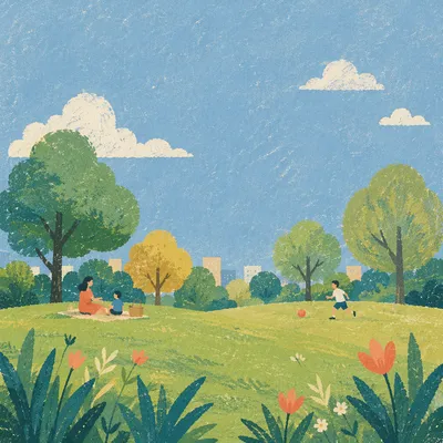 Sunny Park with Green Grass and Blue Sky
