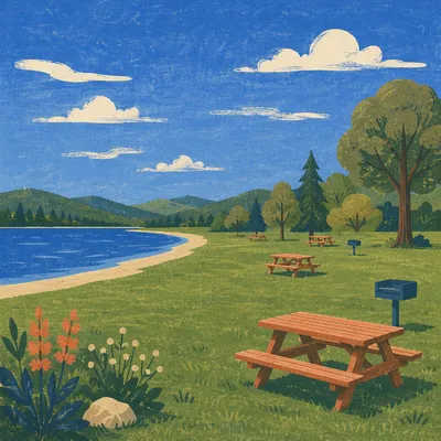Sunny Lakeside Park Under Blue Sky