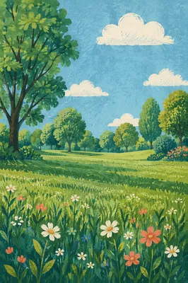 Sunny Park Meadow Under Blue Sky
