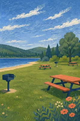 Sunny Lakeside Park with Open Green Lawn