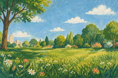 Sunny Park Meadow Under Blue Sky