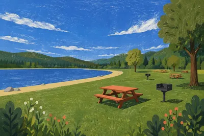 Sunny Lakeside Park with Open Green Lawn