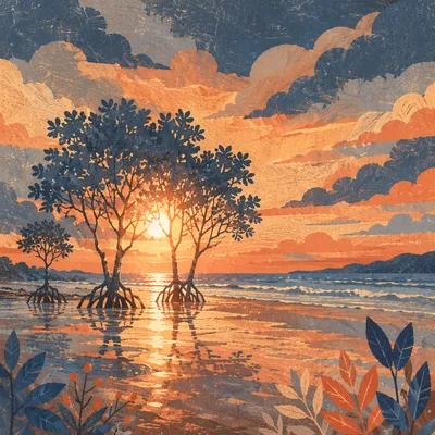 Golden Ocean Sunset with Shoreline Trees