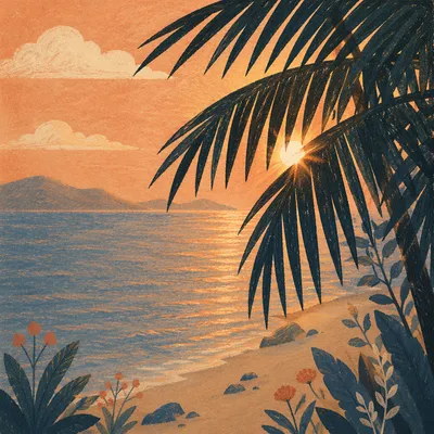Golden Sunset Ocean Through Palm Fronds