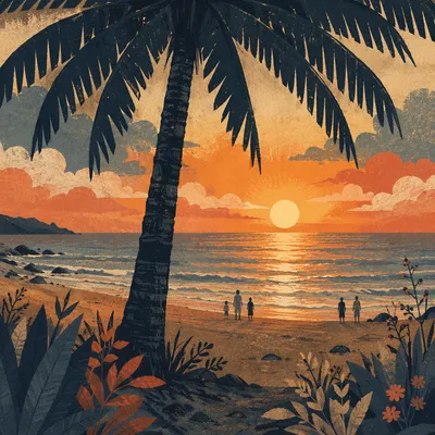 Golden Sunset Ocean Horizon Under Palm
