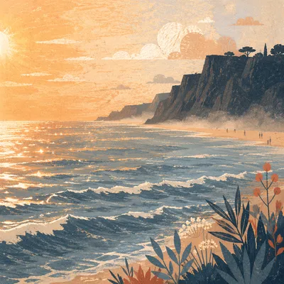 Golden Sunset Ocean Horizon with Cliff