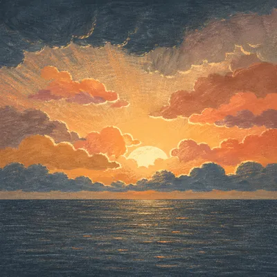 Golden Sunset Over Calm Ocean Horizon