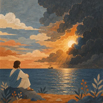 Golden Sunset Ocean Horizon with Distant Boat