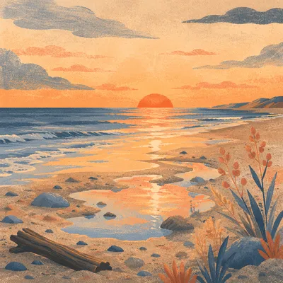 Golden Sunset Ocean Horizon at Low Tide