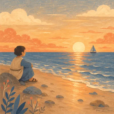 Golden Sunset Ocean Horizon with Sailboat