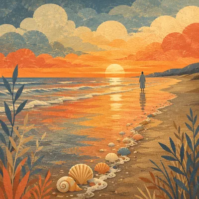 Golden Sunset Ocean Horizon with Reflective Shore