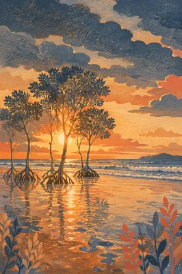 Golden Sunset Ocean Horizon With Shoreline Trees