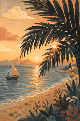 Golden Sunset Ocean with Palm Silhouettes
