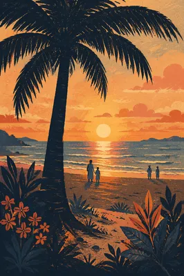 Golden Sunset Ocean Horizon with Palm Silhouette