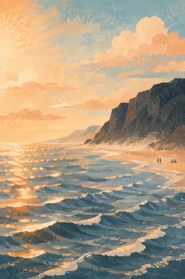 Golden Sunset Ocean Horizon with Cliffs
