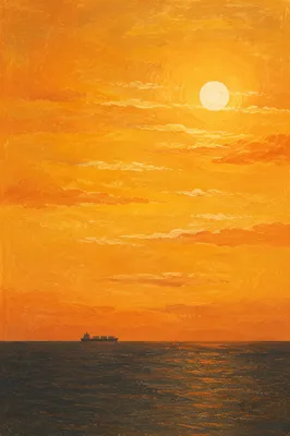 Golden Sunset Ocean Horizon with Distant Vessel