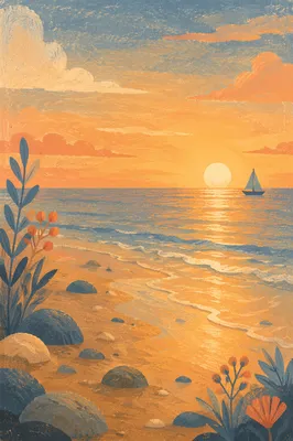 Golden Ocean Horizon with Distant Sailboat