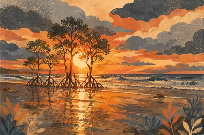 Golden Ocean Sunset with Silhouetted Shoreline Trees