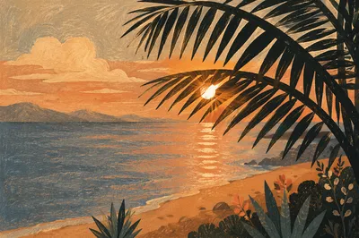Golden Sunset Ocean Through Palm Fronds