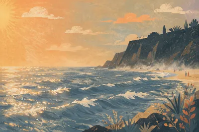 Golden Sunset Ocean Horizon with Cliffs