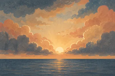 Golden Sunset Ocean Horizon with Radiant Clouds