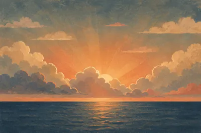 Golden Sunset Over Calm Ocean Horizon