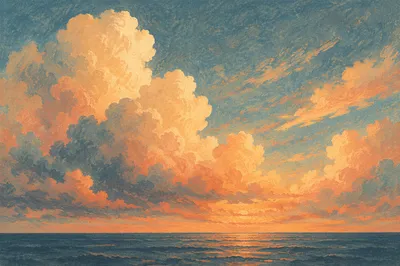 Golden Sunset Ocean Horizon with Glowing Clouds