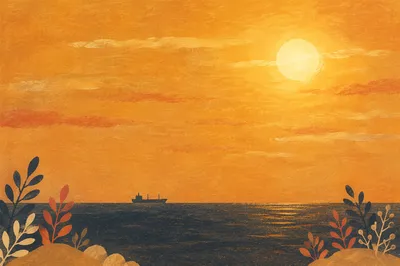 Golden Sunset Over Calm Ocean Horizon