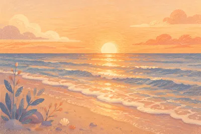 Golden Sunset Ocean Horizon with Gentle Waves