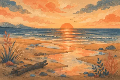 Golden Sunset Ocean Horizon at Peaceful Shore