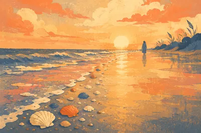 Golden Sunset Ocean Horizon with Quiet Shoreline