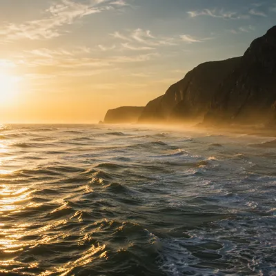 Golden Sunset Ocean Horizon with Cliff