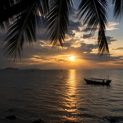 Golden Tropical Ocean Sunset with Palm Silhouettes