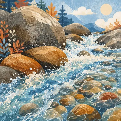 Clear Mountain Stream Over Weathered Boulders