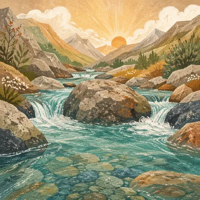 Clear Alpine Stream at Golden Sunrise