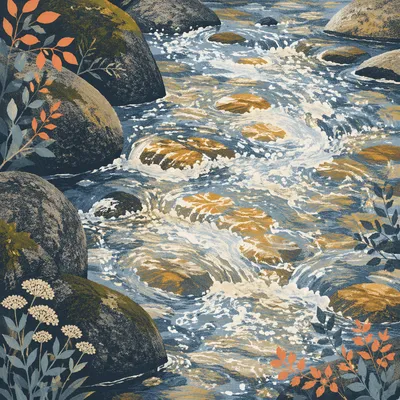 Clear Mountain Stream Over Golden River Stones