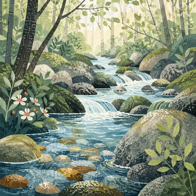 Clear Mountain Stream in Morning Forest