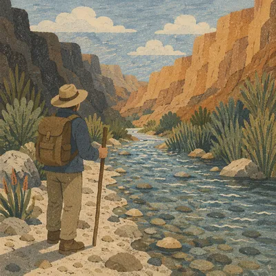 Hiker by Clear River in Desert Canyon