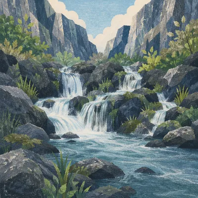 Clear Mountain Stream Through Rocky Gorge