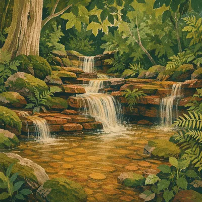 Clear Woodland Stream Over Mossy Sandstone Falls