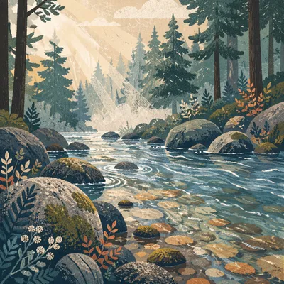 Clear Mountain Stream in Morning Forest